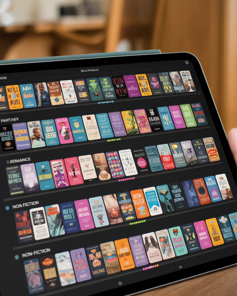 a-close-up-shot-of-a-tablet-displaying-a_Alyh-7SqRKOp1F2b0q_R_g_5HkOgwNzS4y7DkTAt2KpOQ AI-written ebooks on digital bookshelf