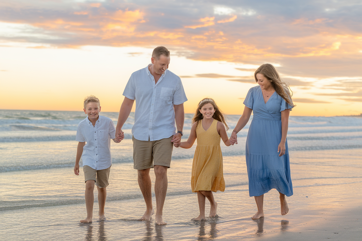Family enjoying financial freedom on the beach at sunset