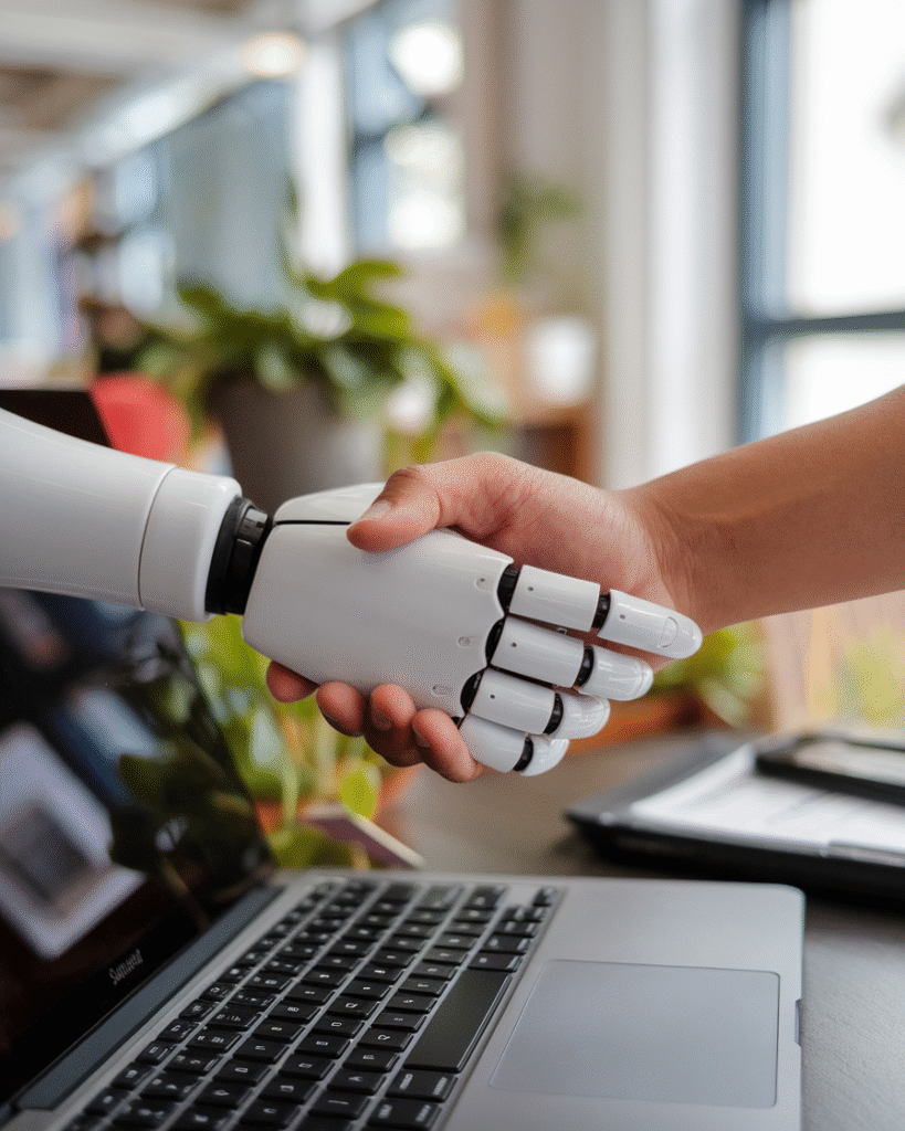 a-photo-of-a-robotic-hand-shaking-hands-_FCX22pmsQSC2-xoqxFmgFQ_Px1KHbpMQ_ii3KTUfpUKJw AI Replace Your Day Job – human-AI collaboration for online jobs