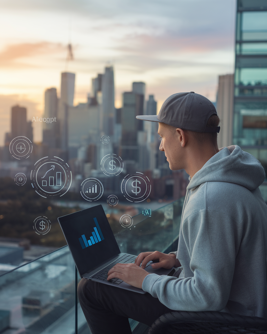 Entrepreneur using AI to generate passive income on a balcony