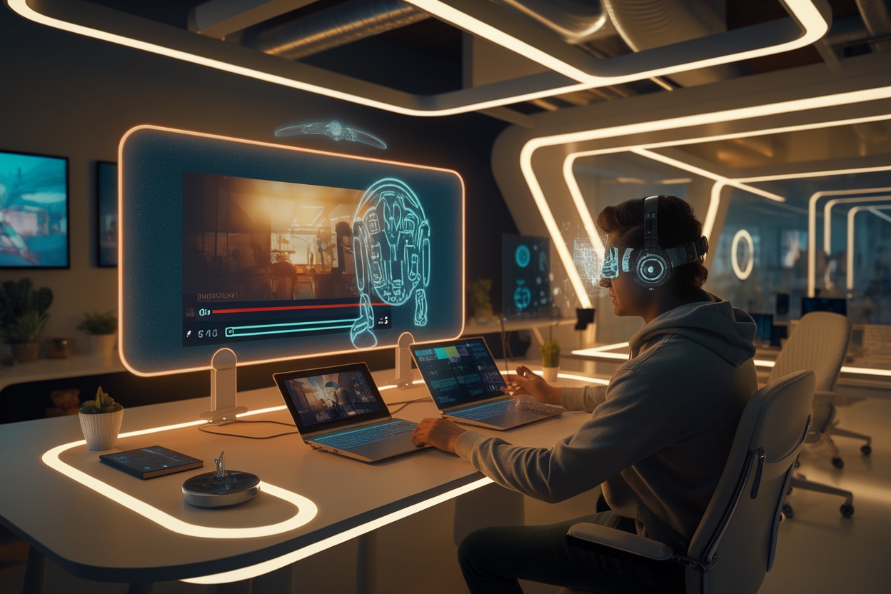 Futuristic AI workspace for video creation
