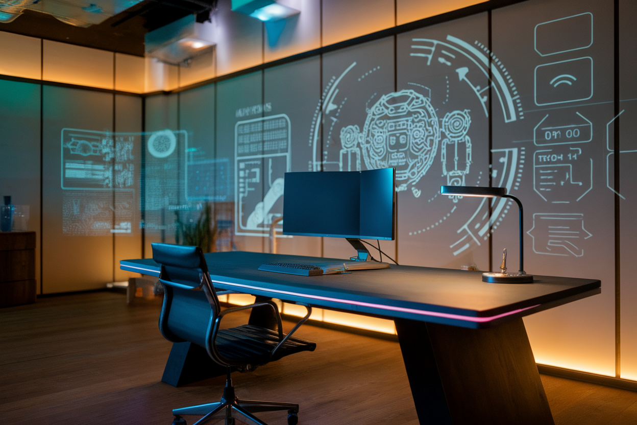 Futuristic AI-powered workspace with holographic displays.
