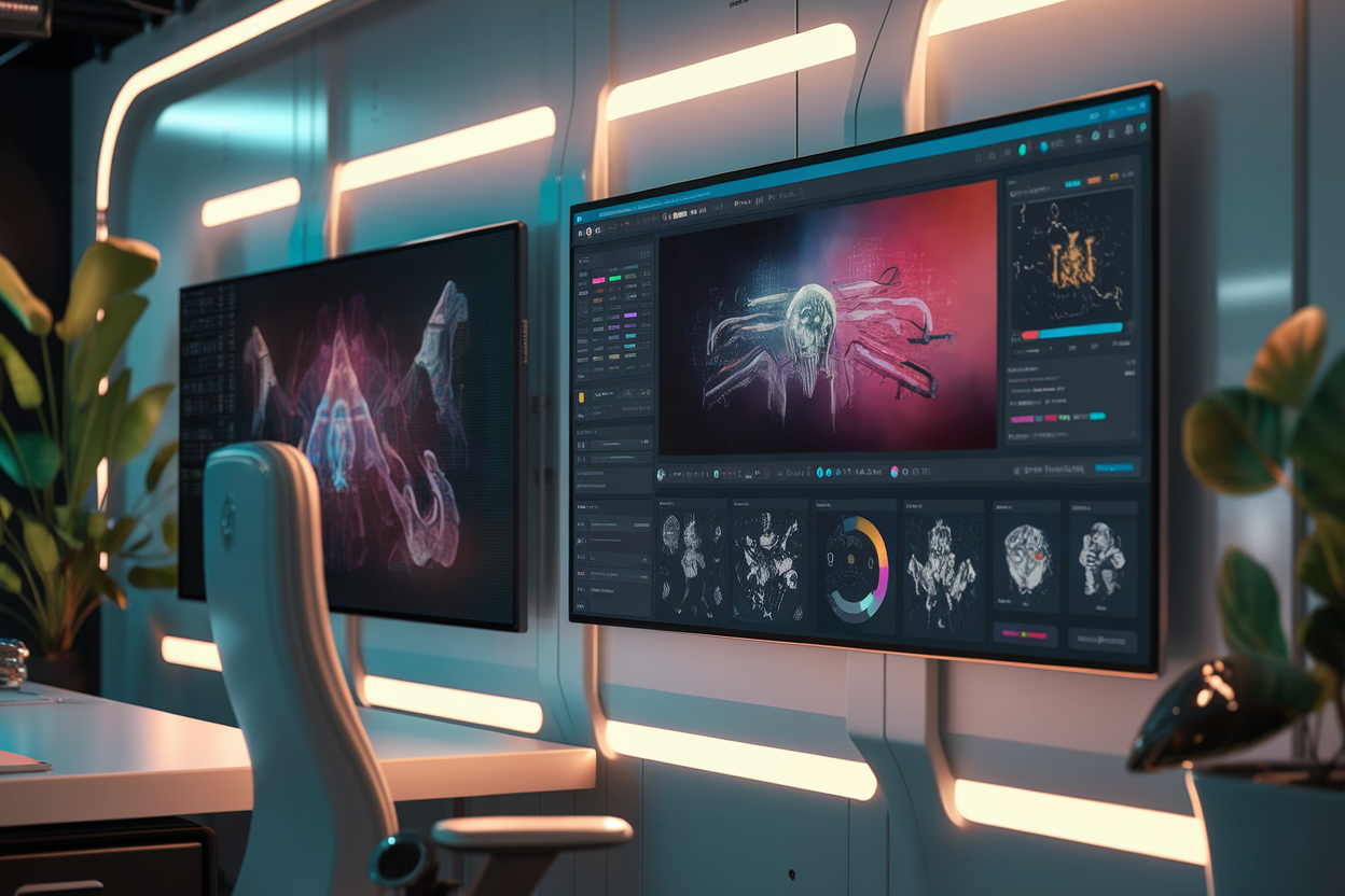 Futuristic workspace with AI graphic design tools.