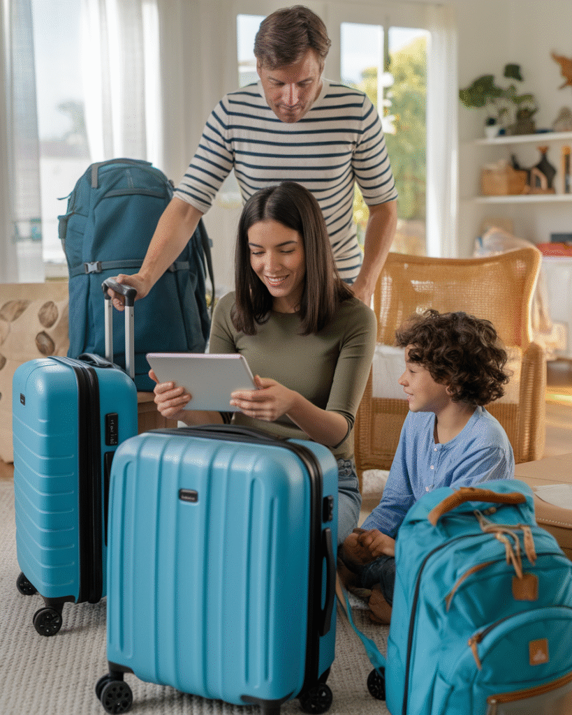 Family using AI-powered travel planners to organize a trip